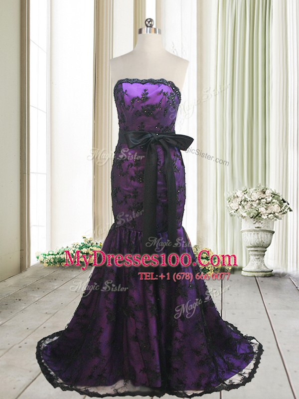 Attractive Mermaid Strapless Sleeveless Sweep Train Lace Up Prom Dress Purple Satin and Lace