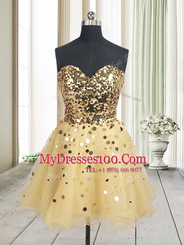 Gold Sleeveless Mini Length Sequins Zipper Evening Dress