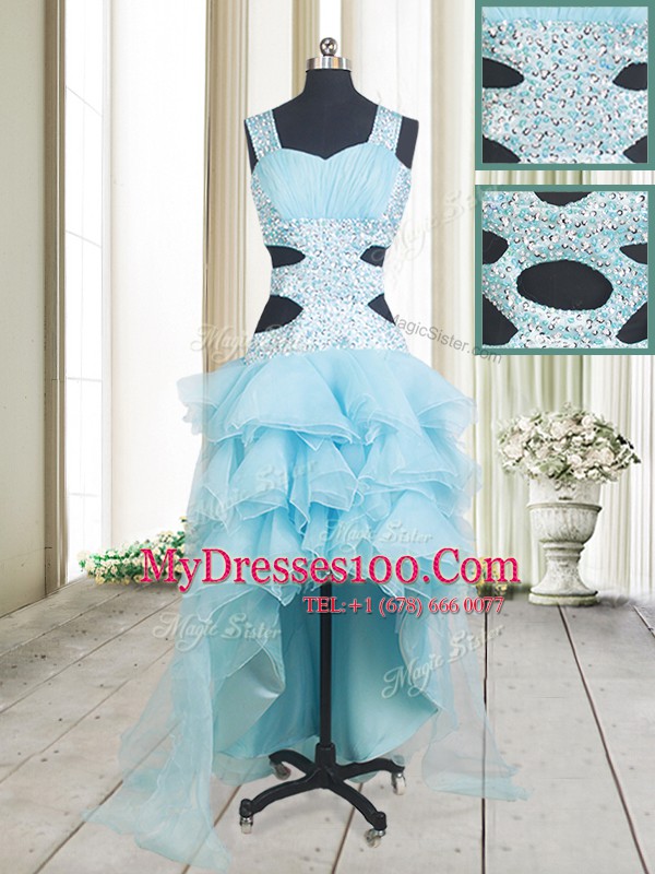 Glorious Aqua Blue Straps Criss Cross Beading and Ruffled Layers Dress for Prom Sleeveless
