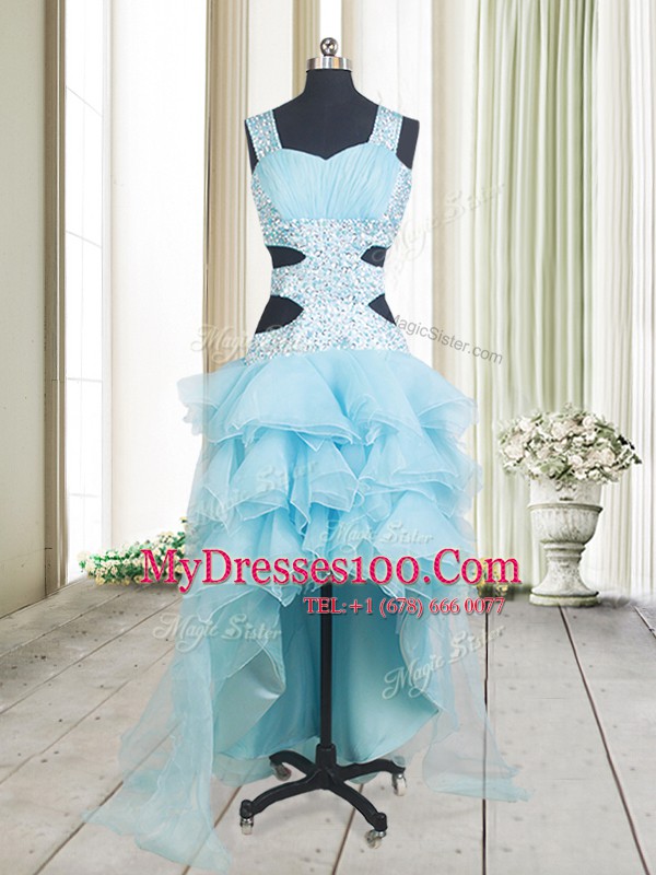 Glorious Aqua Blue Straps Criss Cross Beading and Ruffled Layers Dress for Prom Sleeveless