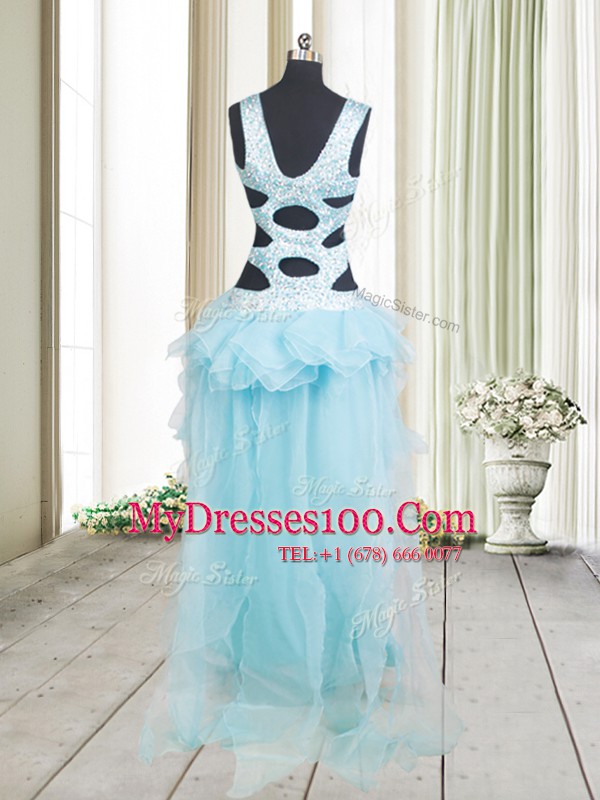 Glorious Aqua Blue Straps Criss Cross Beading and Ruffled Layers Dress for Prom Sleeveless