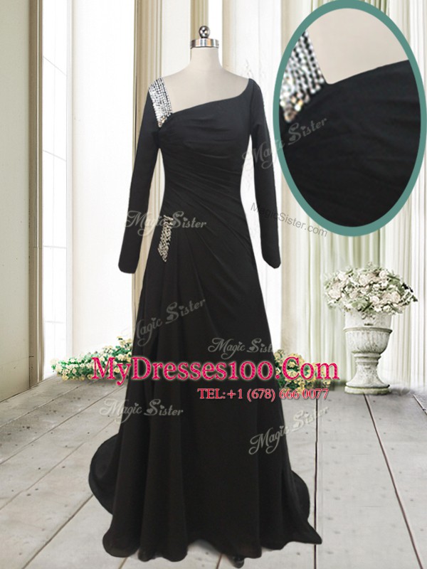 Long Sleeves Sweep Train Side Zipper With Train Beading Prom Dresses