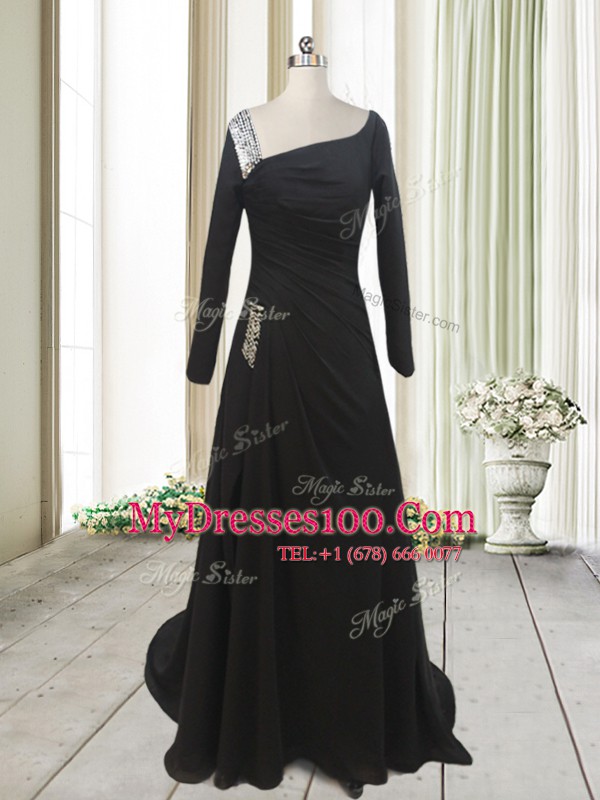 Long Sleeves Sweep Train Side Zipper With Train Beading Prom Dresses