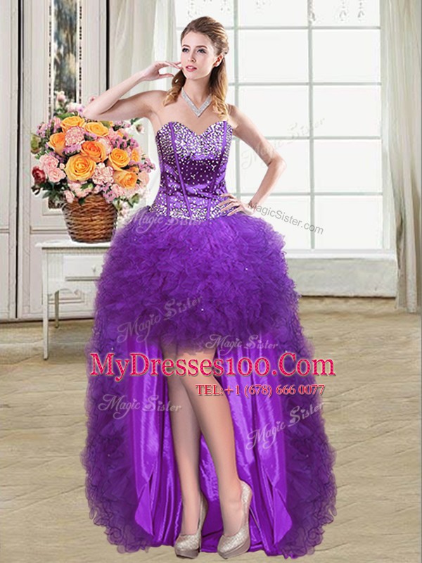 New Arrival Eggplant Purple Sweetheart Neckline Beading and Ruffles Juniors Party Dress Sleeveless Lace Up