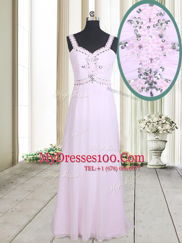 Dazzling Pink Empire Chiffon Straps Sleeveless Beading Floor Length Zipper