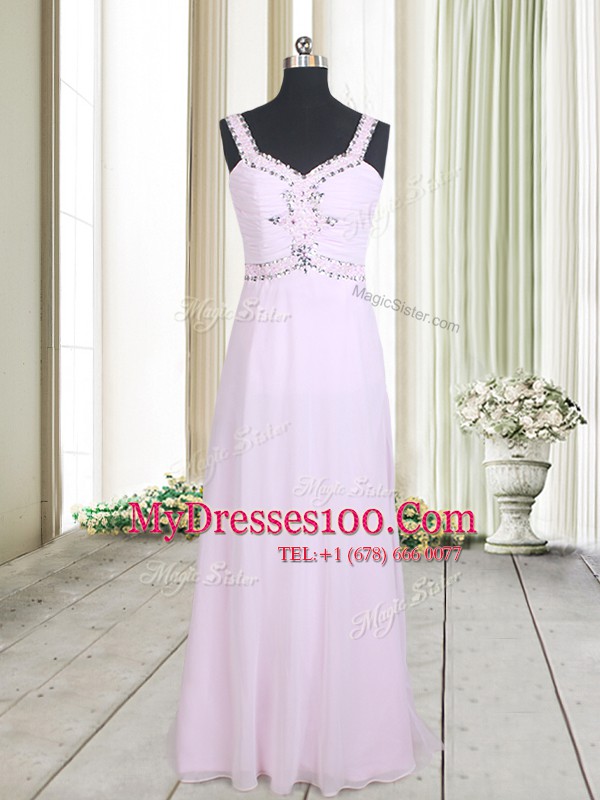 Dazzling Pink Empire Chiffon Straps Sleeveless Beading Floor Length Zipper