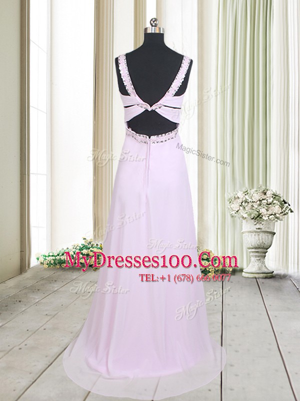 Dazzling Pink Empire Chiffon Straps Sleeveless Beading Floor Length Zipper