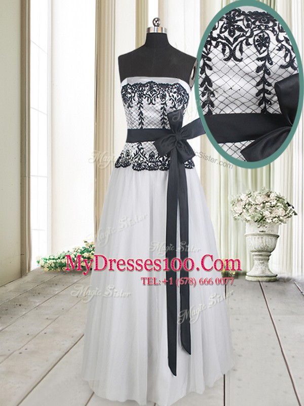 Elegant Floor Length Empire Sleeveless White And Black Prom Gown Zipper