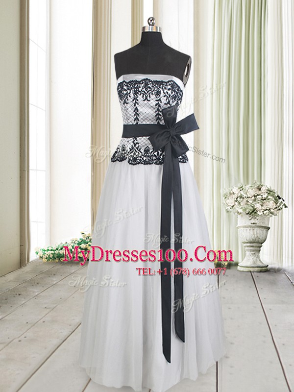 Elegant Floor Length Empire Sleeveless White And Black Prom Gown Zipper