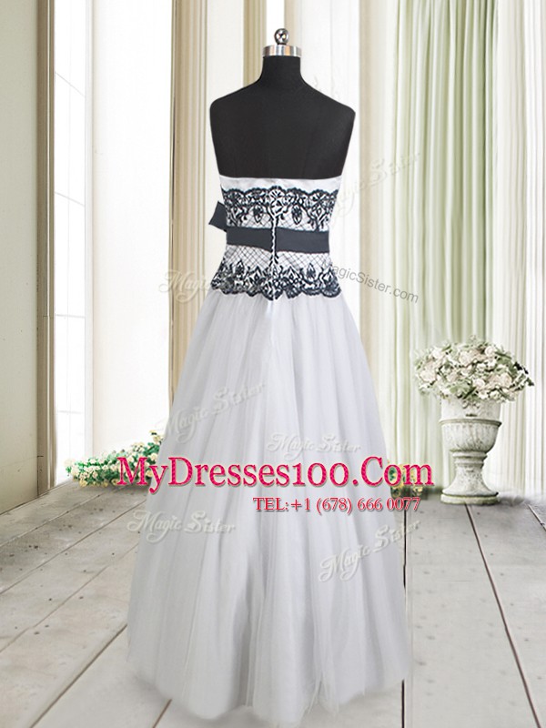 Elegant Floor Length Empire Sleeveless White And Black Prom Gown Zipper