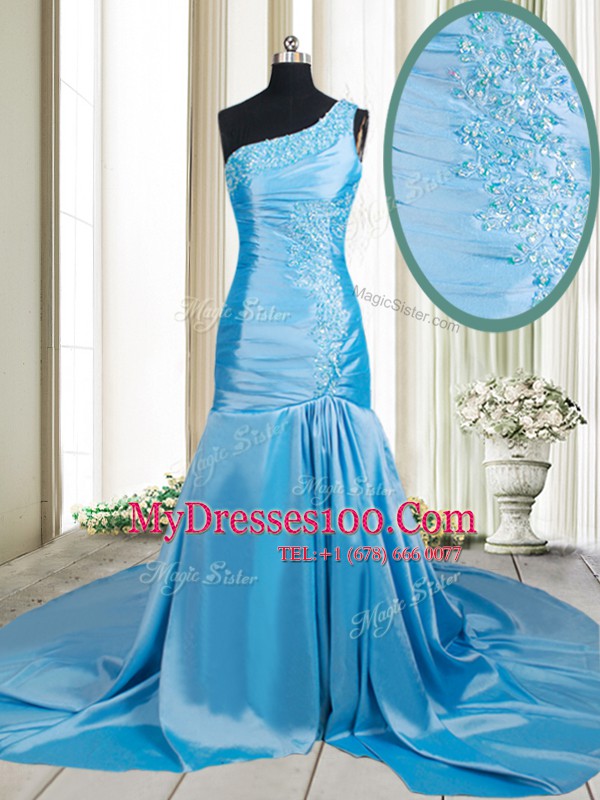 Mermaid Baby Blue Prom Dresses One Shoulder Sleeveless Brush Train Zipper