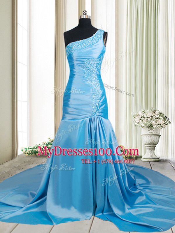 Mermaid Baby Blue Prom Dresses One Shoulder Sleeveless Brush Train Zipper