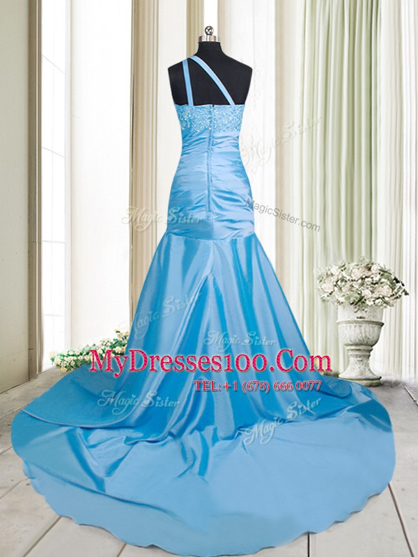 Mermaid Baby Blue Prom Dresses One Shoulder Sleeveless Brush Train Zipper