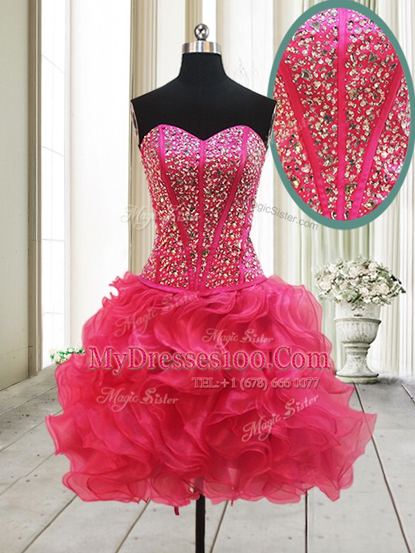 Wonderful Sleeveless Lace Up Mini Length Beading Ball Gown Prom Dress