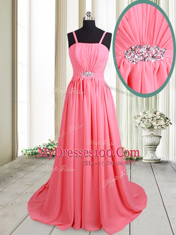 Custom Design Straps Chiffon Sleeveless Homecoming Dress Brush Train and Beading