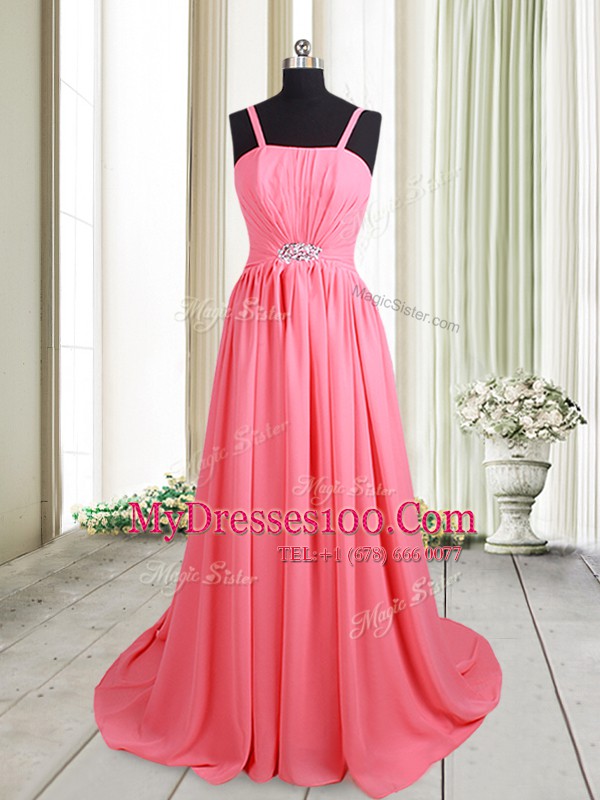 Custom Design Straps Chiffon Sleeveless Homecoming Dress Brush Train and Beading