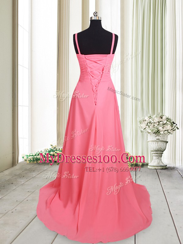 Custom Design Straps Chiffon Sleeveless Homecoming Dress Brush Train and Beading