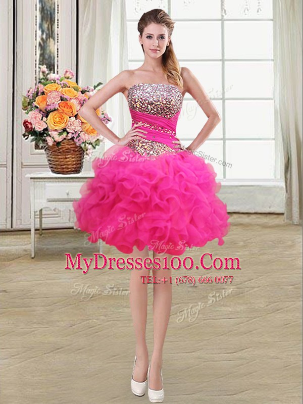Hot Pink Strapless Neckline Beading and Ruffles and Ruffled Layers and Sequins Homecoming Dress Sleeveless Lace Up