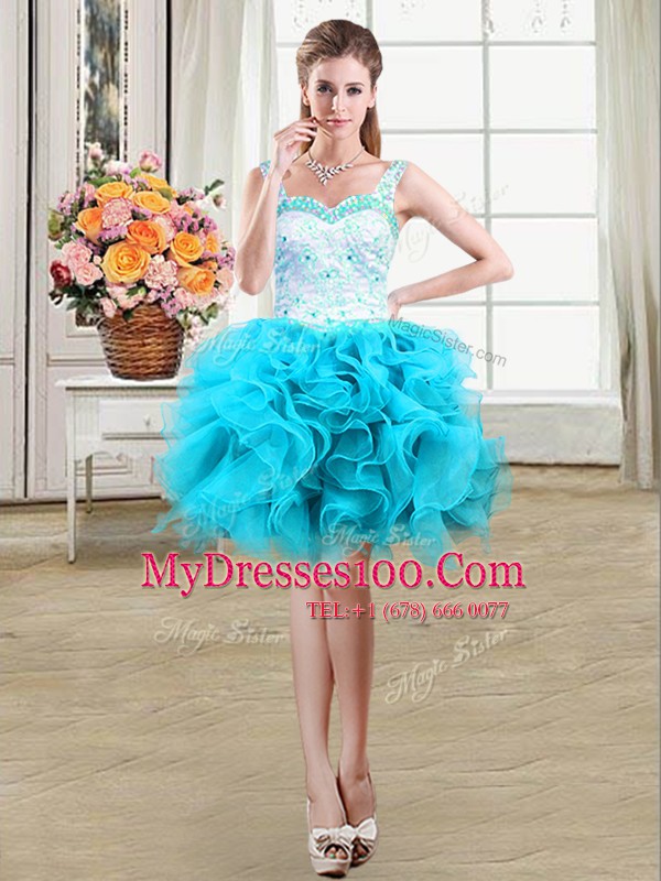 Excellent Baby Blue Ball Gowns Straps Sleeveless Organza Mini Length Lace Up Beading and Lace and Ruffles Cocktail Dresses