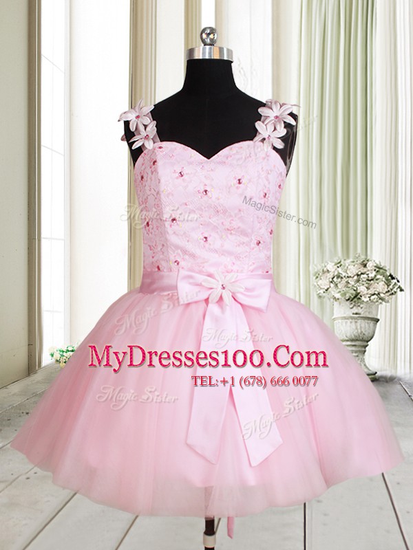 Delicate Straps Baby Pink A-line Beading and Embroidery Prom Dress Lace Up Tulle Sleeveless Mini Length