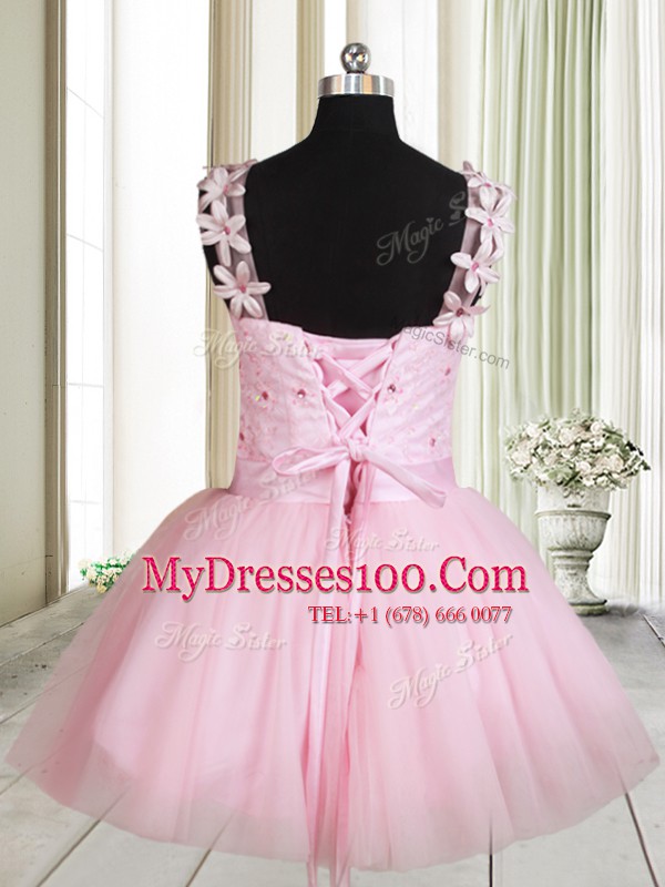Delicate Straps Baby Pink A-line Beading and Embroidery Prom Dress Lace Up Tulle Sleeveless Mini Length