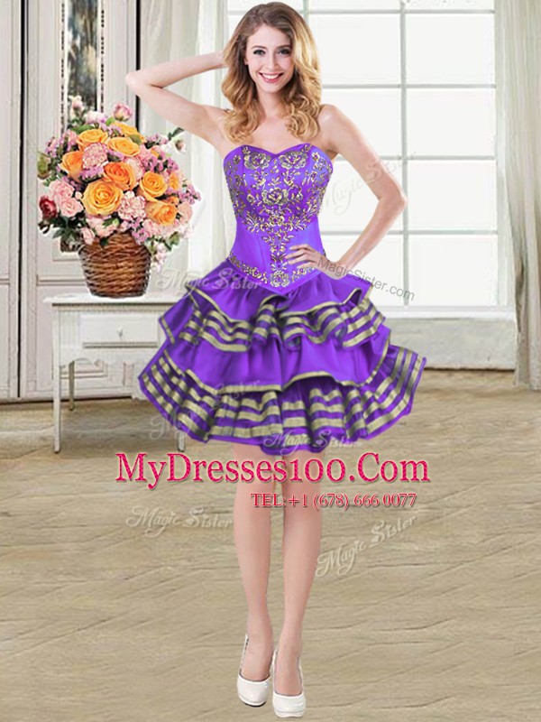 Lovely Sleeveless Mini Length Beading and Embroidery and Ruffled Layers Lace Up Party Dress for Toddlers with Eggplant Purple