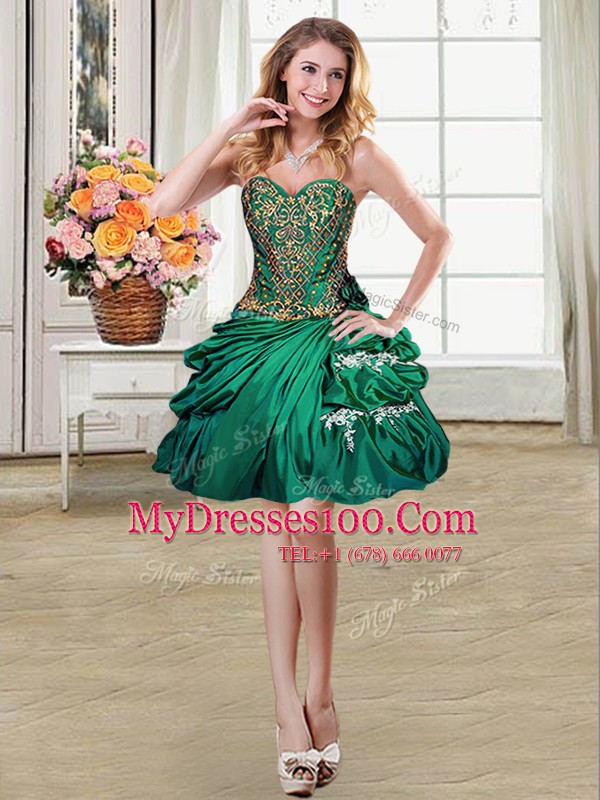Traditional Mini Length Dark Green Cocktail Dresses Taffeta Sleeveless Beading and Appliques and Pick Ups