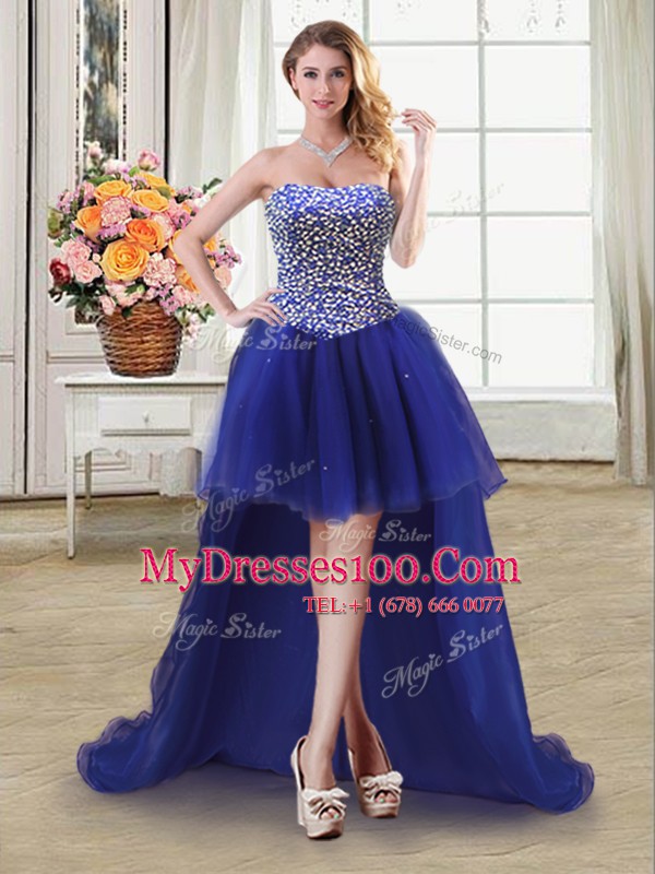Royal Blue Ball Gowns Beading Dress for Prom Lace Up Tulle Sleeveless High Low