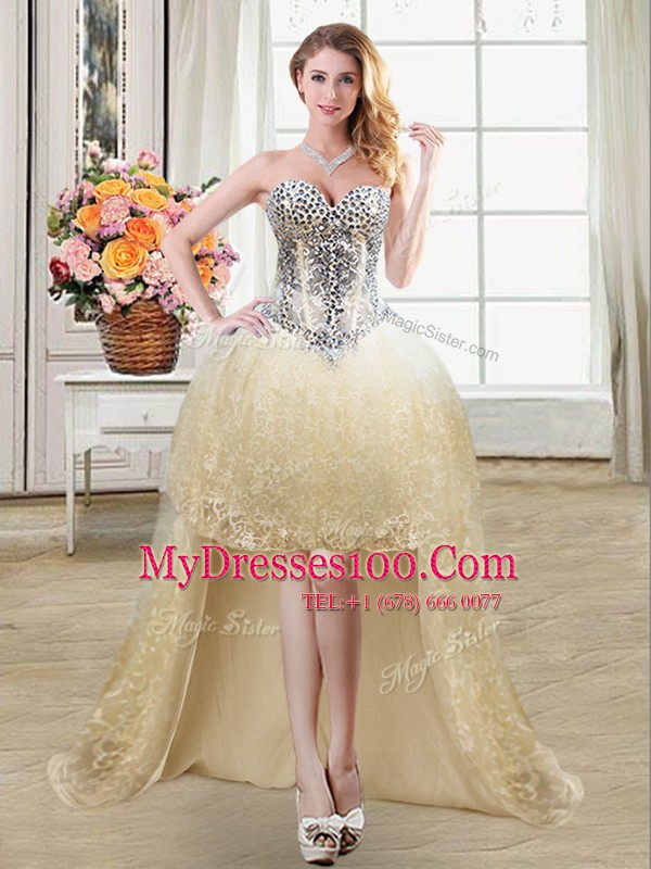 Flare Champagne Ball Gowns Beading and Lace and Sequins Dress for Prom Lace Up Tulle and Lace Sleeveless High Low