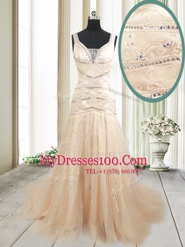 Superior Mermaid Straps Champagne Tulle Lace Up Prom Dress Sleeveless With Train Sweep Train Ruching