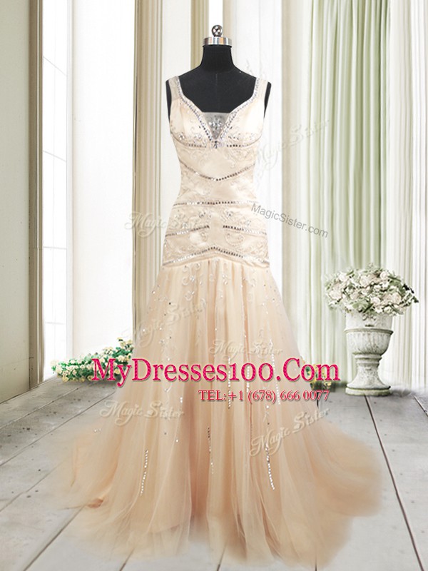 Superior Mermaid Straps Champagne Tulle Lace Up Prom Dress Sleeveless With Train Sweep Train Ruching