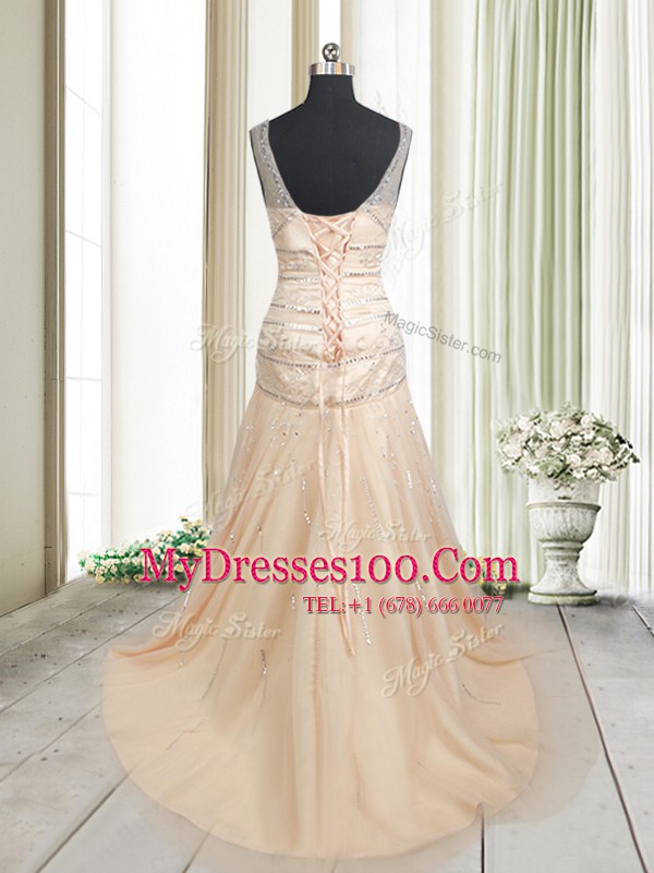 Superior Mermaid Straps Champagne Tulle Lace Up Prom Dress Sleeveless With Train Sweep Train Ruching