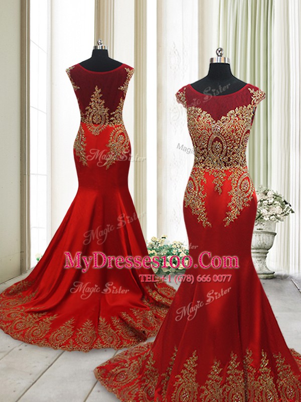 Scoop With Train Mermaid Cap Sleeves Wine Red Evening Dress Sweep Train Side Zipper
