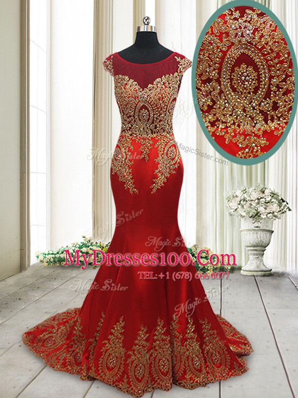 Scoop With Train Mermaid Cap Sleeves Wine Red Evening Dress Sweep Train Side Zipper
