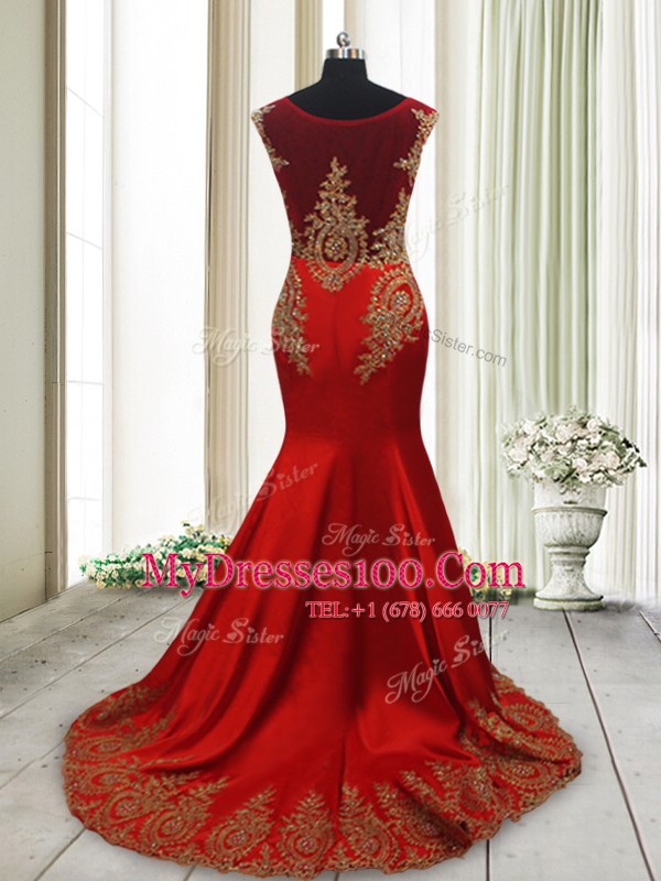 Scoop With Train Mermaid Cap Sleeves Wine Red Evening Dress Sweep Train Side Zipper