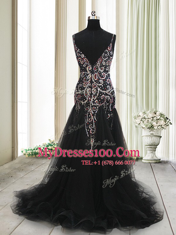 Black Mermaid Tulle Spaghetti Straps Sleeveless Beading and Appliques With Train Zipper Prom Dresses Brush Train