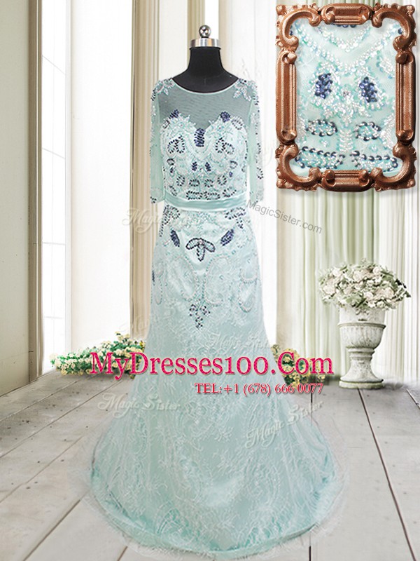Affordable Scoop Apple Green Tulle Zipper Half Sleeves Brush Train Beading and Lace