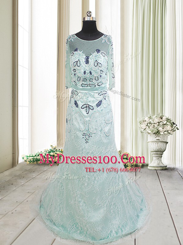Affordable Scoop Apple Green Tulle Zipper Half Sleeves Brush Train Beading and Lace