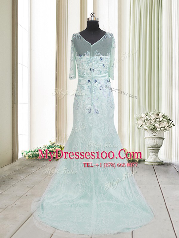 Affordable Scoop Apple Green Tulle Zipper Half Sleeves Brush Train Beading and Lace
