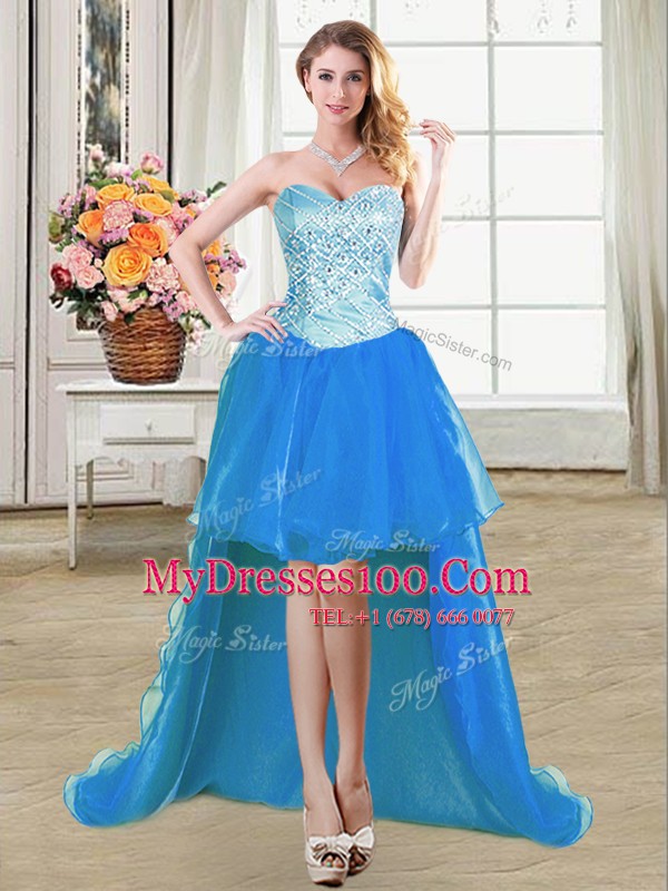 Admirable Blue Organza Lace Up Military Ball Gowns Sleeveless Floor Length Beading