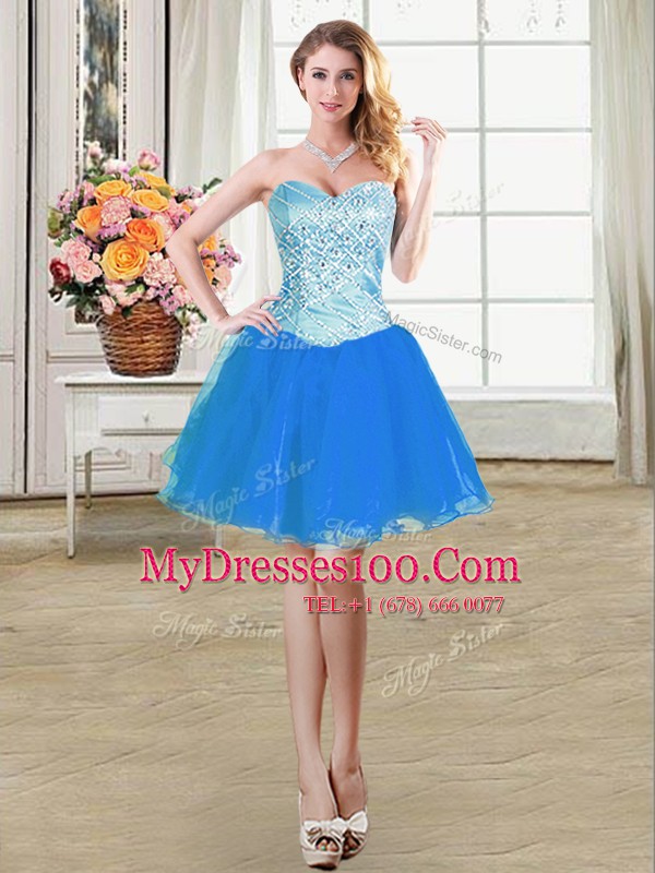Delicate Sleeveless Mini Length Beading Lace Up Casual Dresses with Blue