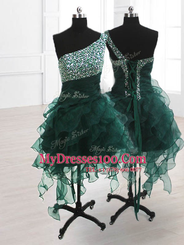 One Shoulder Sleeveless Knee Length Beading and Ruffles Lace Up Cocktail Dress with Peacock Green