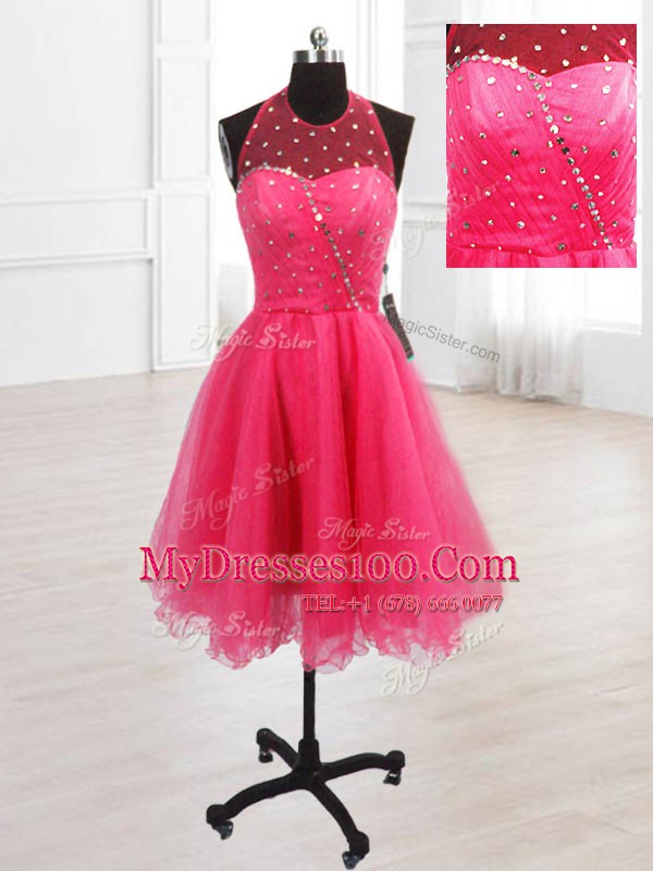 Hot Pink A-line Sequins Party Dress Lace Up Organza Sleeveless Knee Length