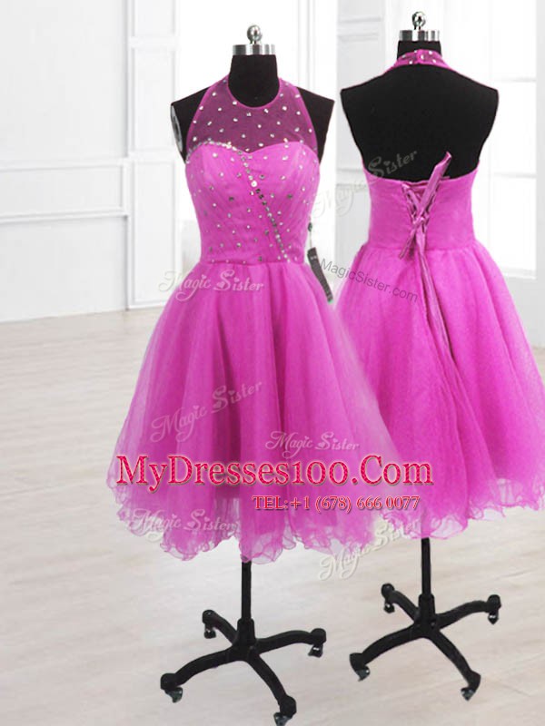 Amazing Organza High-neck Sleeveless Lace Up Sequins Party Dress Wholesale in Fuchsia