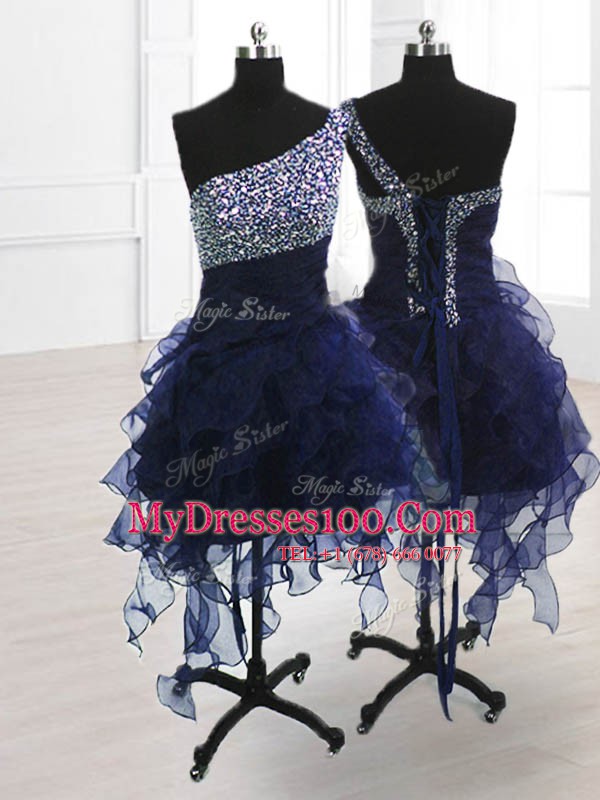 Unique Organza One Shoulder Sleeveless Lace Up Beading Cocktail Dresses in Navy Blue