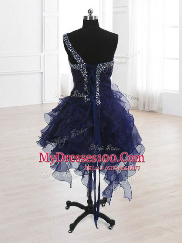 Unique Organza One Shoulder Sleeveless Lace Up Beading Cocktail Dresses in Navy Blue