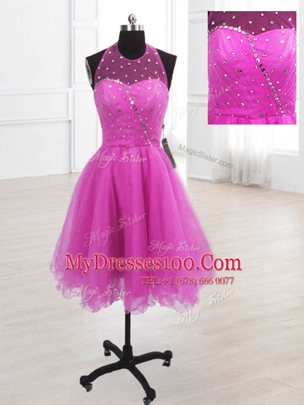 Perfect High-neck Sleeveless Womens Party Dresses Knee Length Sequins Fuchsia Organza