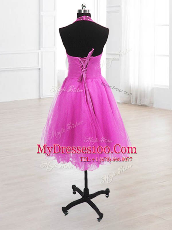 Perfect High-neck Sleeveless Womens Party Dresses Knee Length Sequins Fuchsia Organza