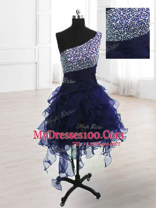 One Shoulder Beading Cocktail Dresses Navy Blue Lace Up Sleeveless Knee Length
