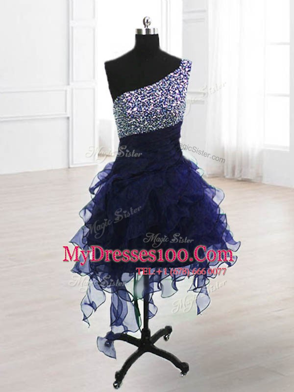 One Shoulder Beading Cocktail Dresses Navy Blue Lace Up Sleeveless Knee Length
